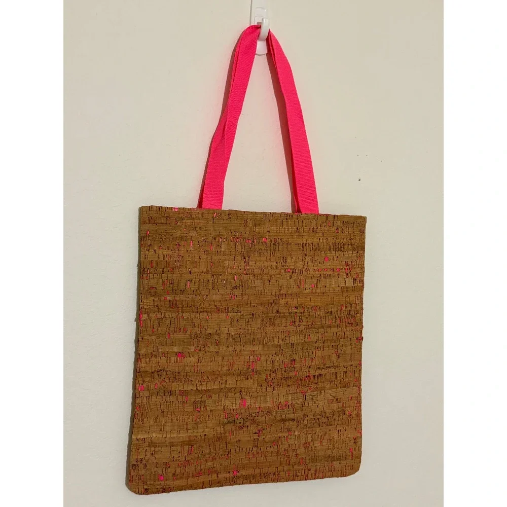Bath & Body Works Cork Tote Bag Neon Pink Metallic Flecked Reusable Gift Bag NWT